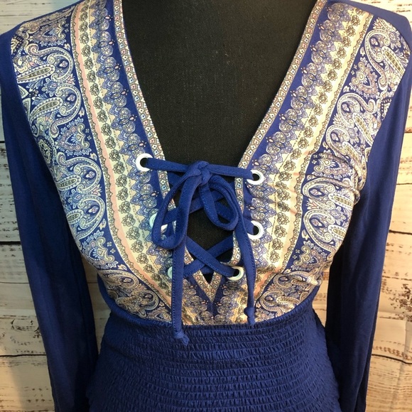 Blue Long Sleeve Blouse with Tie Front Ruffles and Smocked Waist - Picture 5 of 11